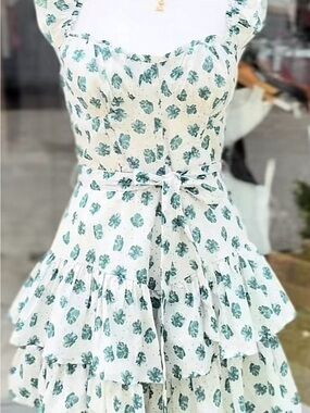 Cristal Doll Floral Tiered Ruffle Sundress in Green and White size M